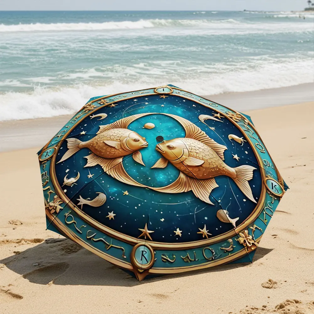 Pisces Zodiac Symbol Nautical Umbrella Design Compact Fashion Folding Umbrella for Daily Use, Christmas Gift