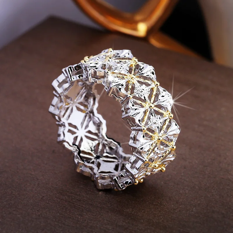 Classic High quality woven pattern carving retro hollow out diamond rings for women two tone line ring exquisite wedding jewelry