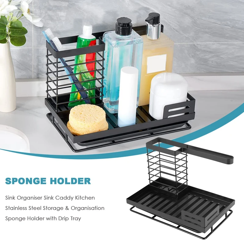 Wastafel organizer wastafel dapur, wadah penyimpanan Stainless Steel & pengatur spons dengan nampan tetes, bantuan dapur