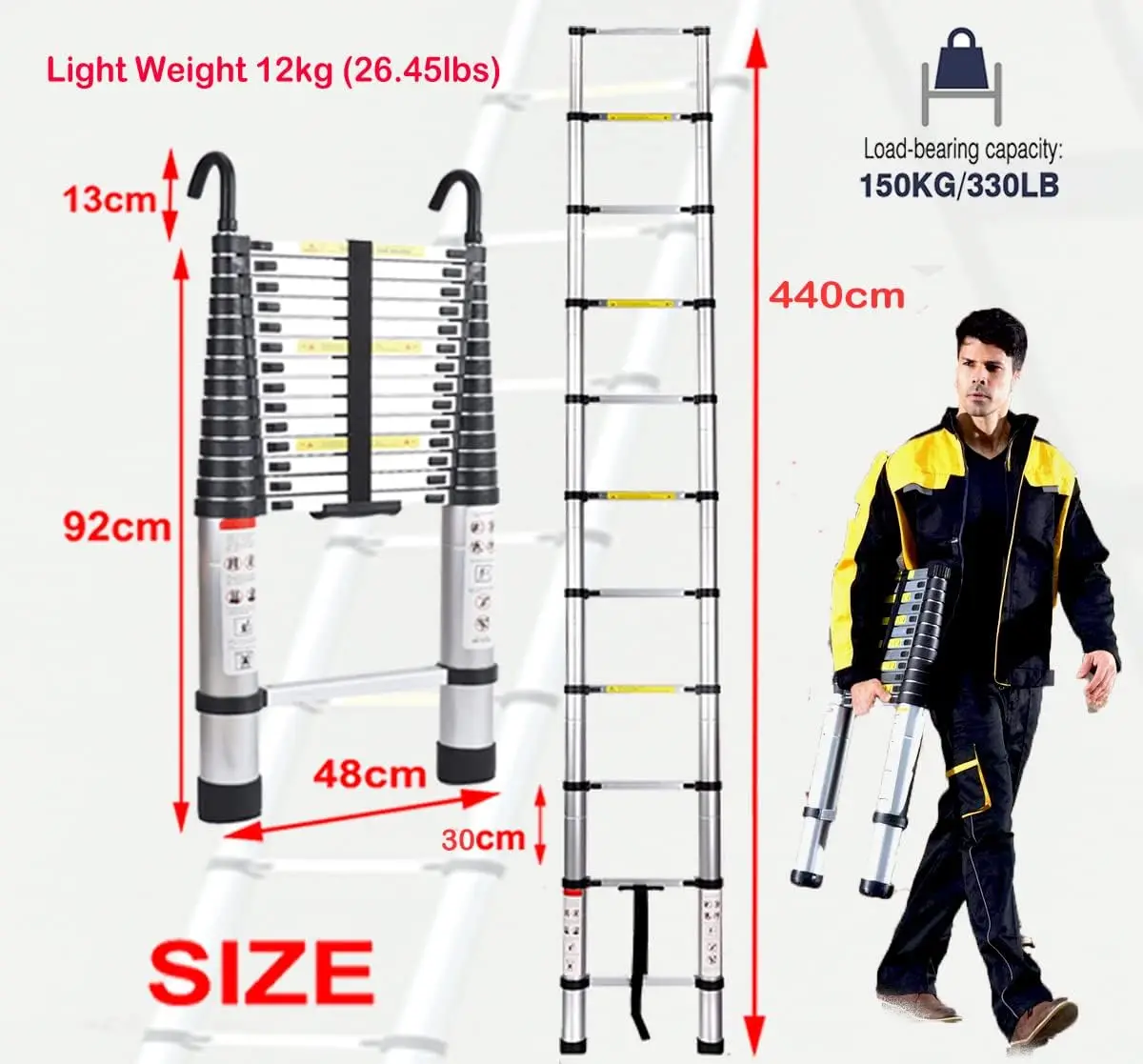 Telescoping Ladder Aluminum DIY Extension Folding Loft Ladder with 2 Detachable Hooks Anti-Slip Rubber Feet Portable Heavy Duty