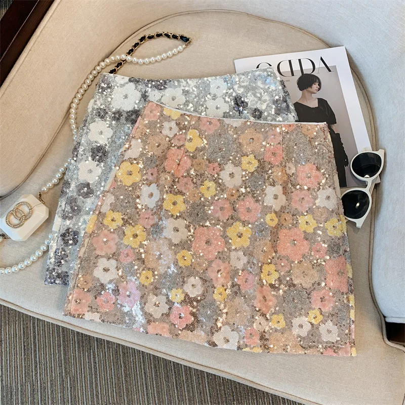 

2025 Cute Floral Sequin High Waist A Line Bodycon Skirt Shiny Club Party Mini Skirt for Women Trendy Night Out Going Out Wear