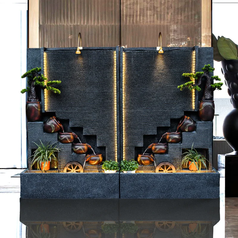 Large flowing fountain water curtain wall screen company feng shui wheel ornament water feature hotel decoration
