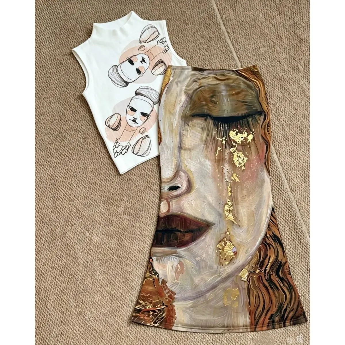 Retro Chinese Art Portrait Print Women's Stand Collar Sleeveless Vest Gold Foil Half Skirt Autumn Fashion Casual Slim Fit Vest