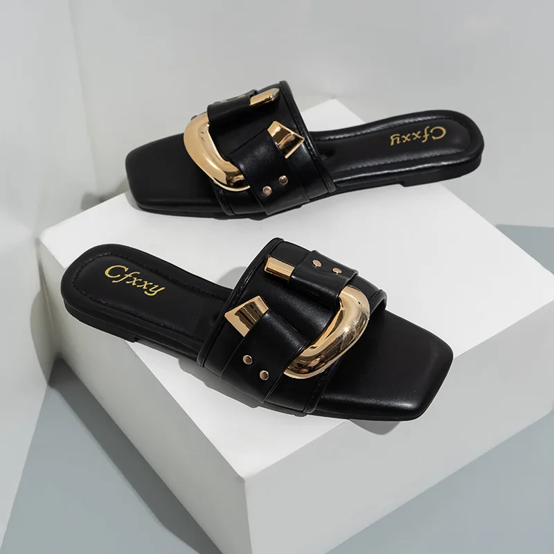 

Bailamos Women'S Shoes Thick-Soled Round Toe Open-Toe Sandals 2024 Summer New Fashion Metal Buckle Roman Sandals Slippers