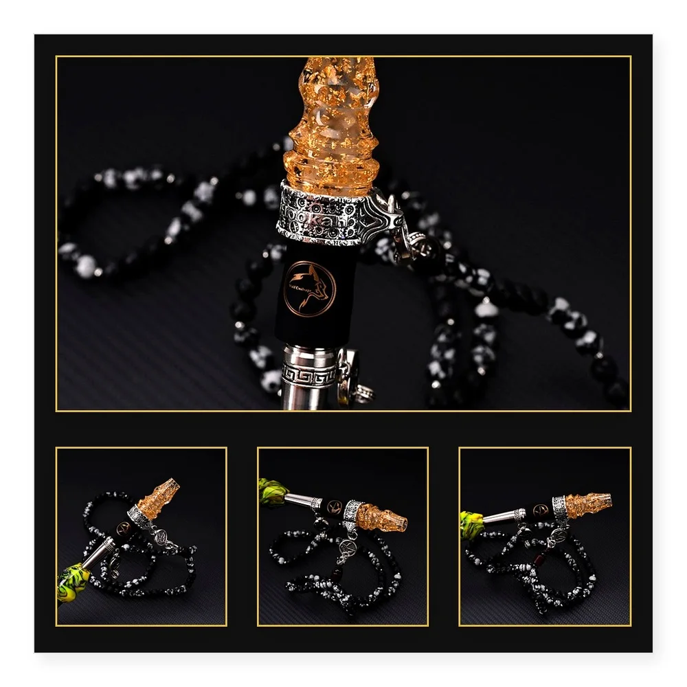 Gold Foil Resin Cigarette Holder with 304/Titanium Alloy Nozzle and Stone Bead Chain - Dual-Use Arab Shisha Accessories