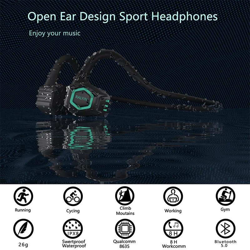 True Bone Conduction Earphone IPX8 Waterproof Swimming Headphones Bluetooth Wireless Sports Headset TWS with Mic