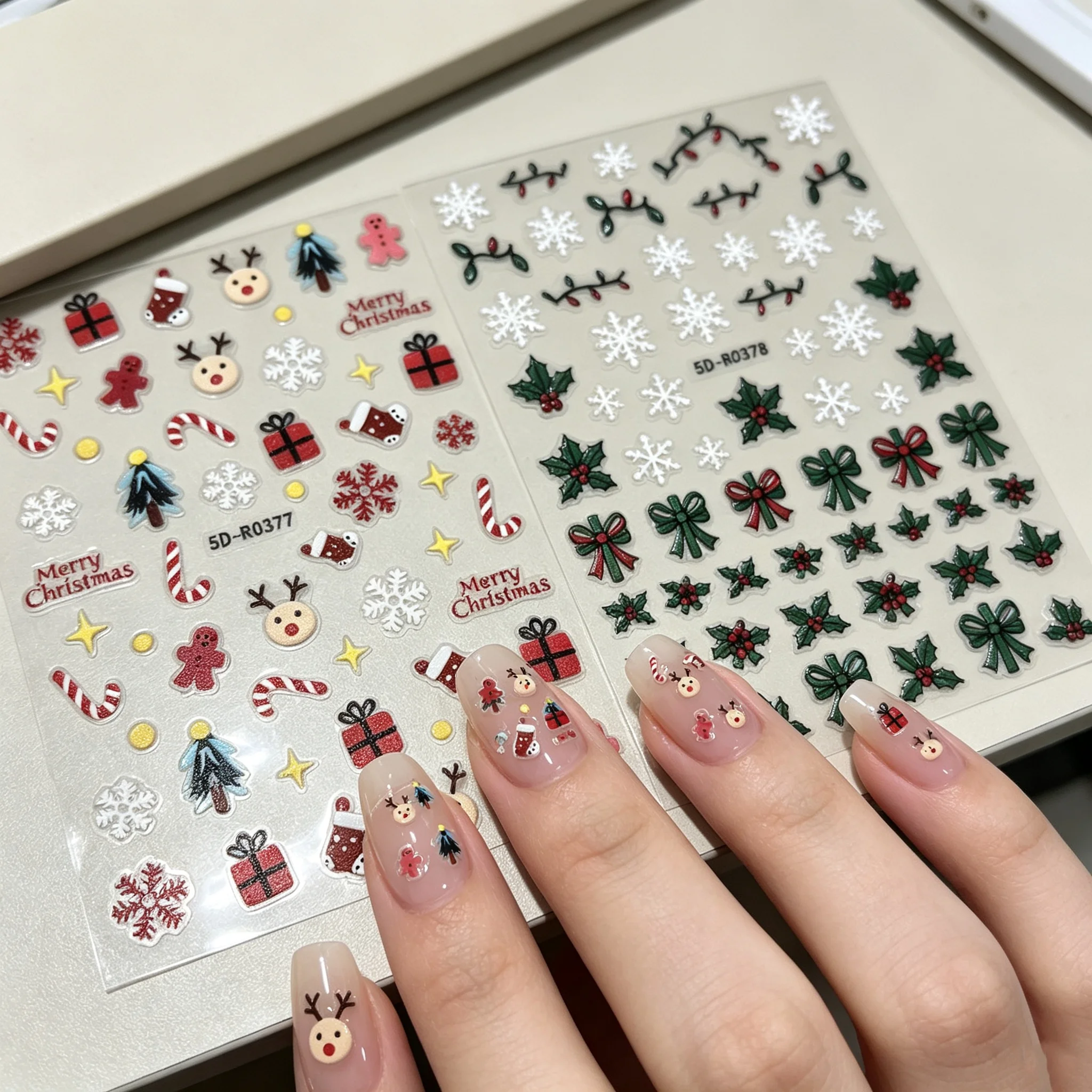 2Pcs Snowflake Holly Bow Xmas Tree Gingerbread Man Nail Decals 5D Christmas Nail Art Stickers Winter Holiday Party DIY Manicure*