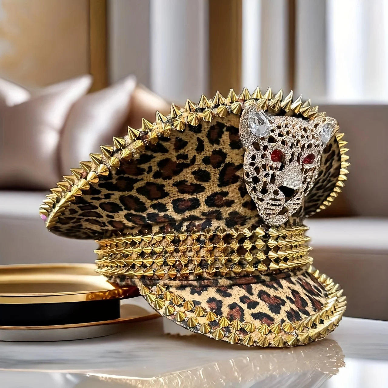 HongLuan Women Men Leopard Military Caps Print Bridal Navy Party Hat Rhinestone Leopard Head Gold Rivets Festival Captain Hat