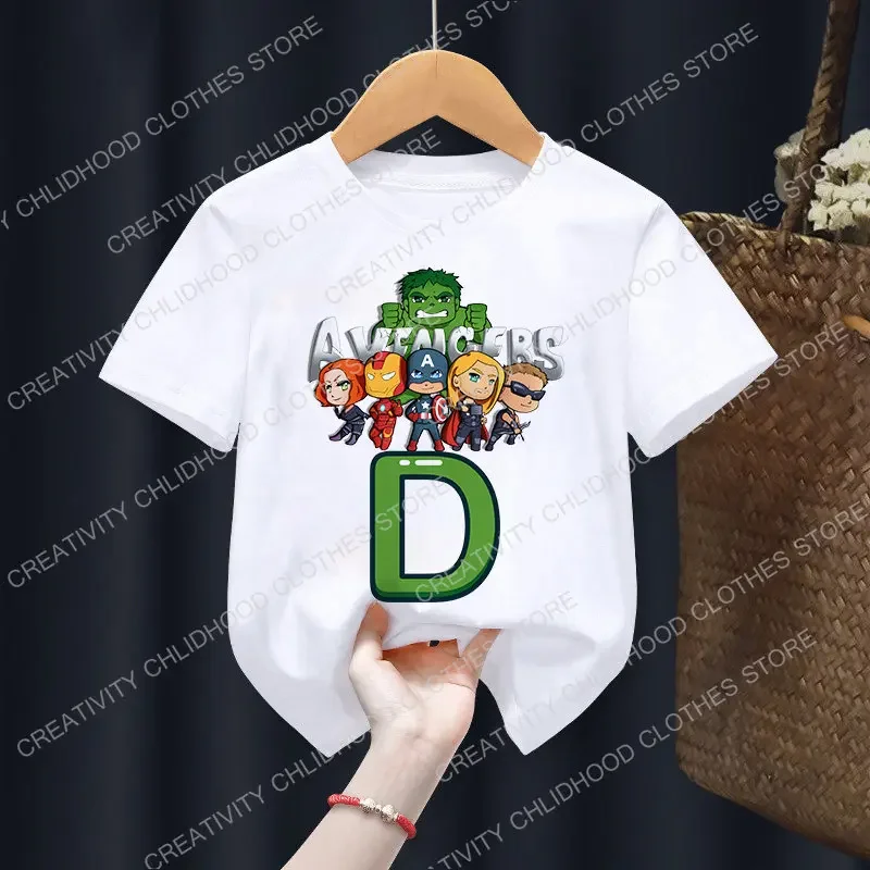 Super Hero Letter A B C D Children T-Shirt Kawaii Cartoons Clothes Hulk Kid Boy Girl Tee Shirts Little Baby Casual Tops