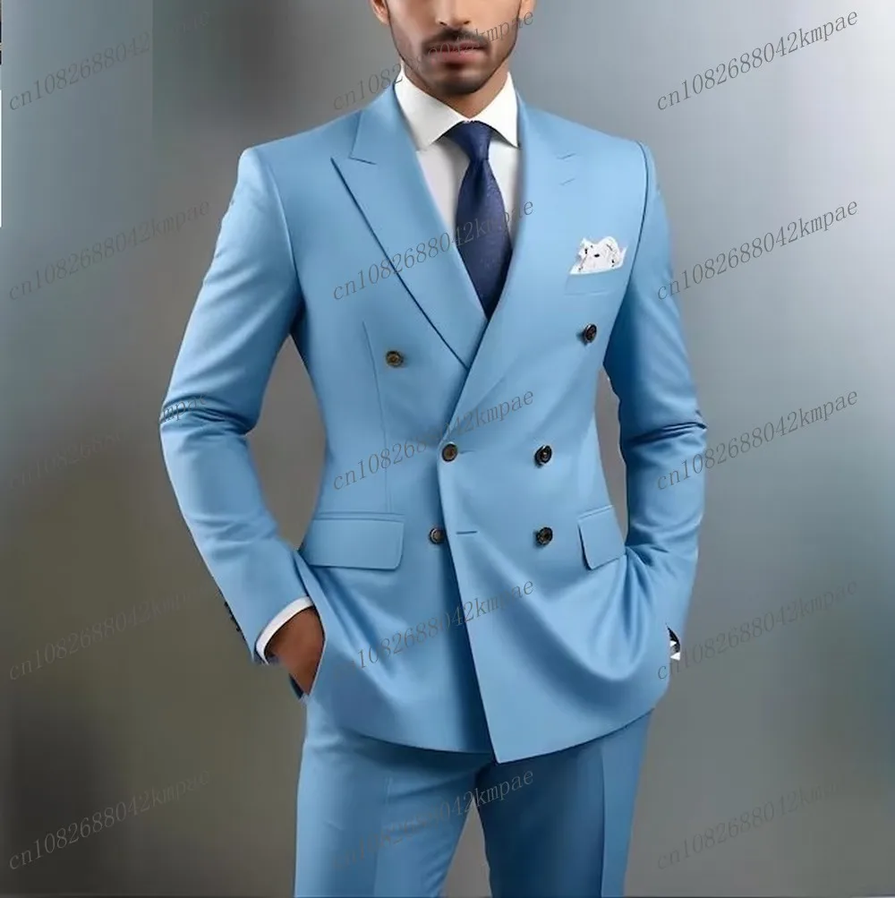 

Fashion Formal Occasion Sky Blue Men Business Suit Groom Groomsman Wedding Party Prom Male Tuxedos 2 Piece Set Blazer Pants