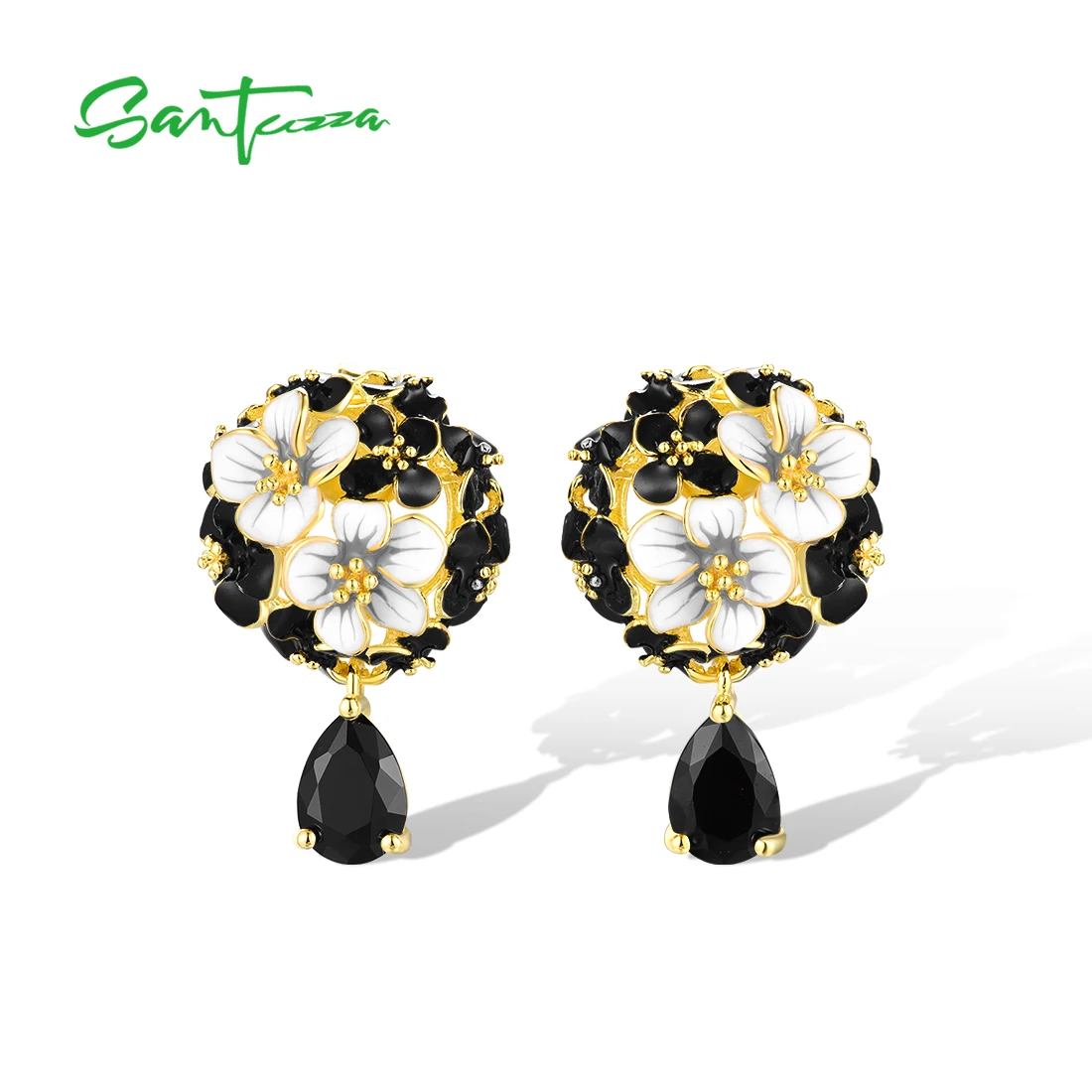 

SANTUZZA Pure 925 Sterling Silver Drop Earrings For Women White&Black Trendy Cluster Flower Enamel Wedding Party Fine Jewelry