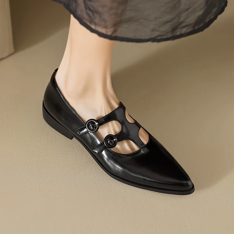 2024 Spring Women Pumps Genuine Leather Shoes for Women Pointed Toe Chunky Heel Women Shoes Black Buckle Mary Janes Ladies Shoes