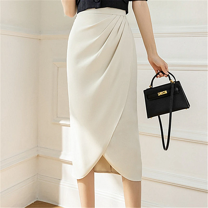 Seoulish Vintage Irregular Pleated Skirts Summer 2024 New Office Lady High Waist A-Line Mid Length Casual Skirts Female Spring