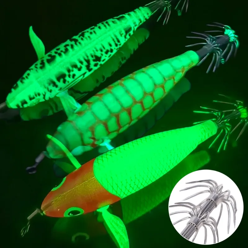 8cm Luminous Wood Shrimp Squid Hook Fluorescent Fishing Bait Lure Mock Rocket Squid Strengthening Hook Fishing Accessories