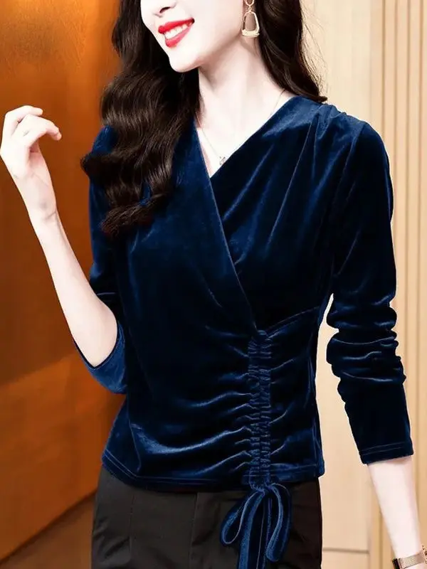 

Женская модная приталенная футболка с V-образным вырезом и длинным рукавом из вельвета, плиссированная, с завязками, в корейском стиле, для повседневной носки, осенняя новинка