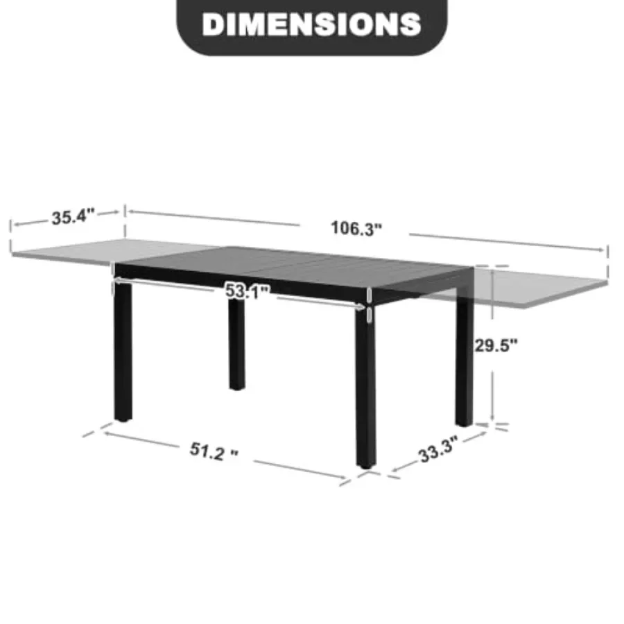 Outdoor Rectangular Aluminum Extendable Dining Table for patio use, lightweight rust-resistant aluminum, matte gray finish, exp