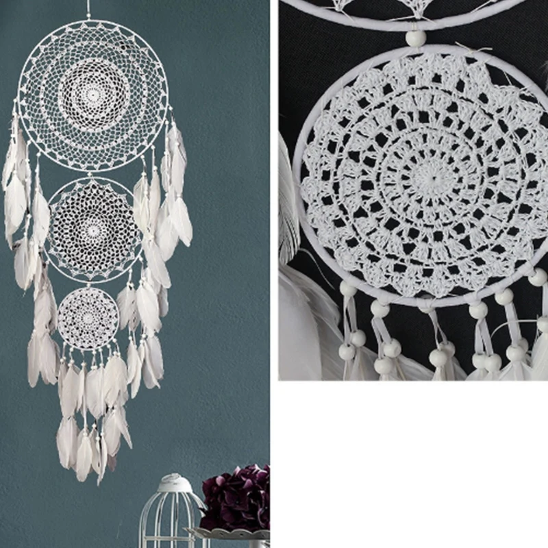 B84B 2X Extra Large Boho Dream Catcher 127cm Long 3 Circles White Feather Macrame Hanging Decor for Wedding Home Bedroom Wall