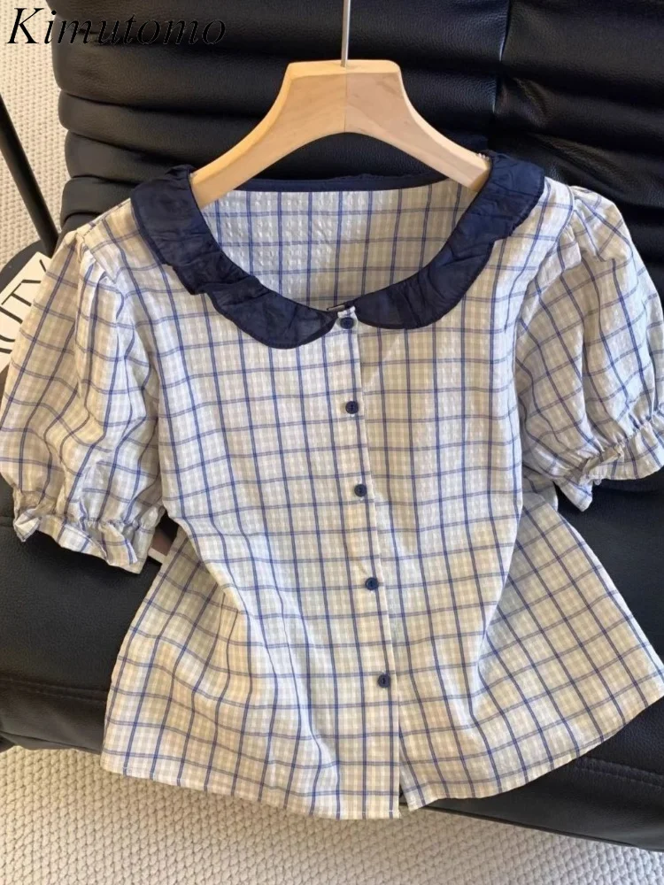 Kimutomo Women Shirts Sweet Plaid Patchwork Peter Pan Collar Short Sleeve Vintage Elegant Blouse Female Casual Crop Tops Y2k