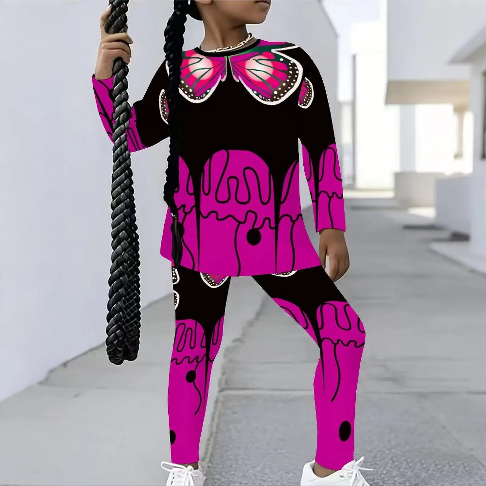 Girls Print Long Sleeve Round Neck Top Cute Two-Piece Daily Wear Casual T-shirt Autumn Leggings Winter Jogging Pants