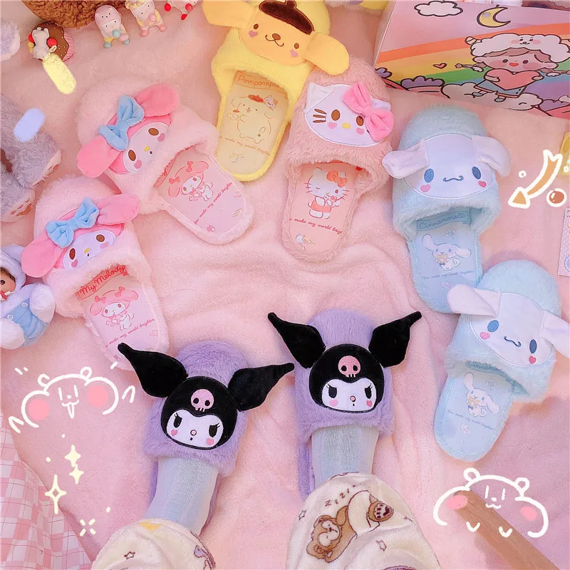 Cartoon Japanese Anime Slippers Lolita Girl Warm Plush Home Slippers Lady Indoor Kawaii Flat Non-slip Gifts Lovely Pink Blue