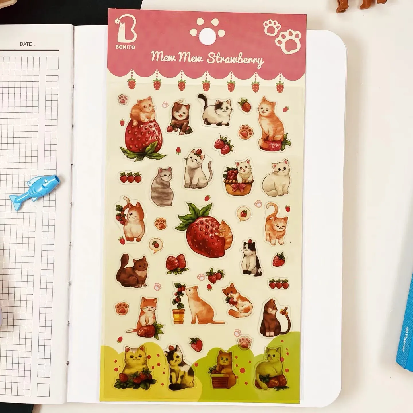 BONITO Cute Cat Strawberry PVC Stickers Scrapbooking Diy Journal Diary Stationery Sticker Cute Decor School Supplies Gift