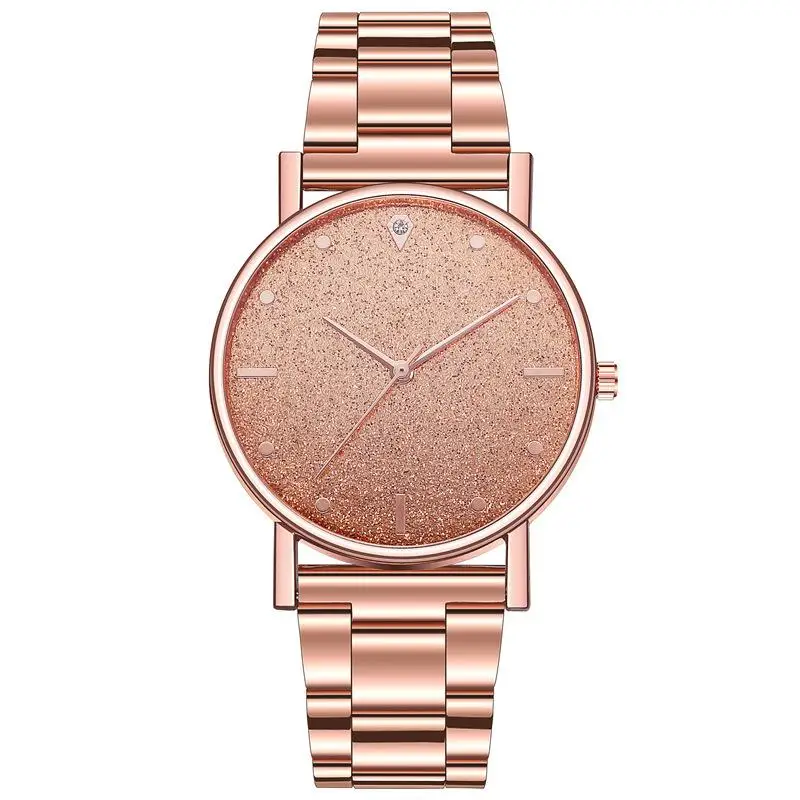 Nuevo reloj de cuarzo con cielo completo para mujer con banda de acero inoxidable y esfera rosa plateada estrellada