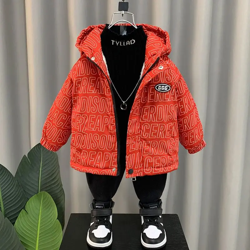 Boys Down Coat Jacket Cotton Outerwear Windbreak 2023 Red Thicken Velvet Winter Warm Children\'s Clothing -10 Degrees Below Zero