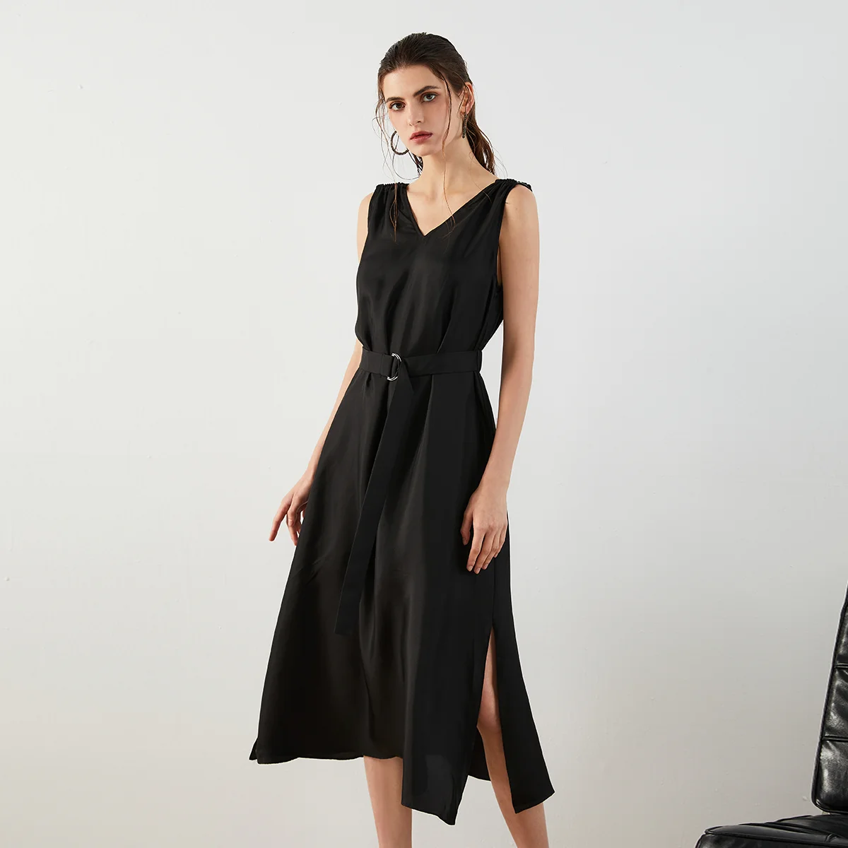 K1318W Women's Clothing High Quality Ladies Clothes 100% Silk Dress Black Elegant vest Long Dresses for Women