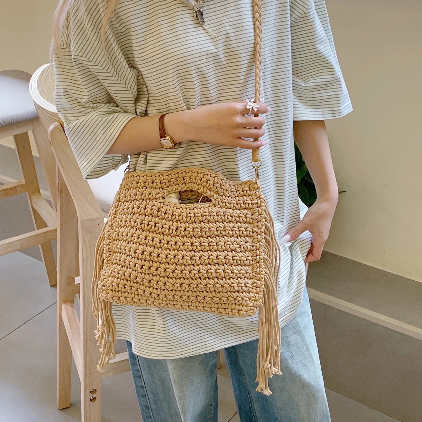 New Fashion Cotton Linen Tote Bag for Women Handmade Woven Shoulder Bag Casual Boho Beach Purse Crossbody Bag with Pocket wallet