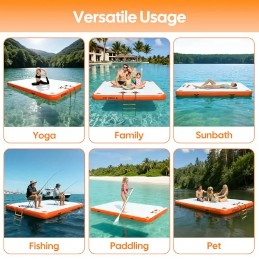 Inflatable Floating Dock for pool lake river beach ocean use, PVC material, blue, 6-inch thick non-slip surface, available in 5