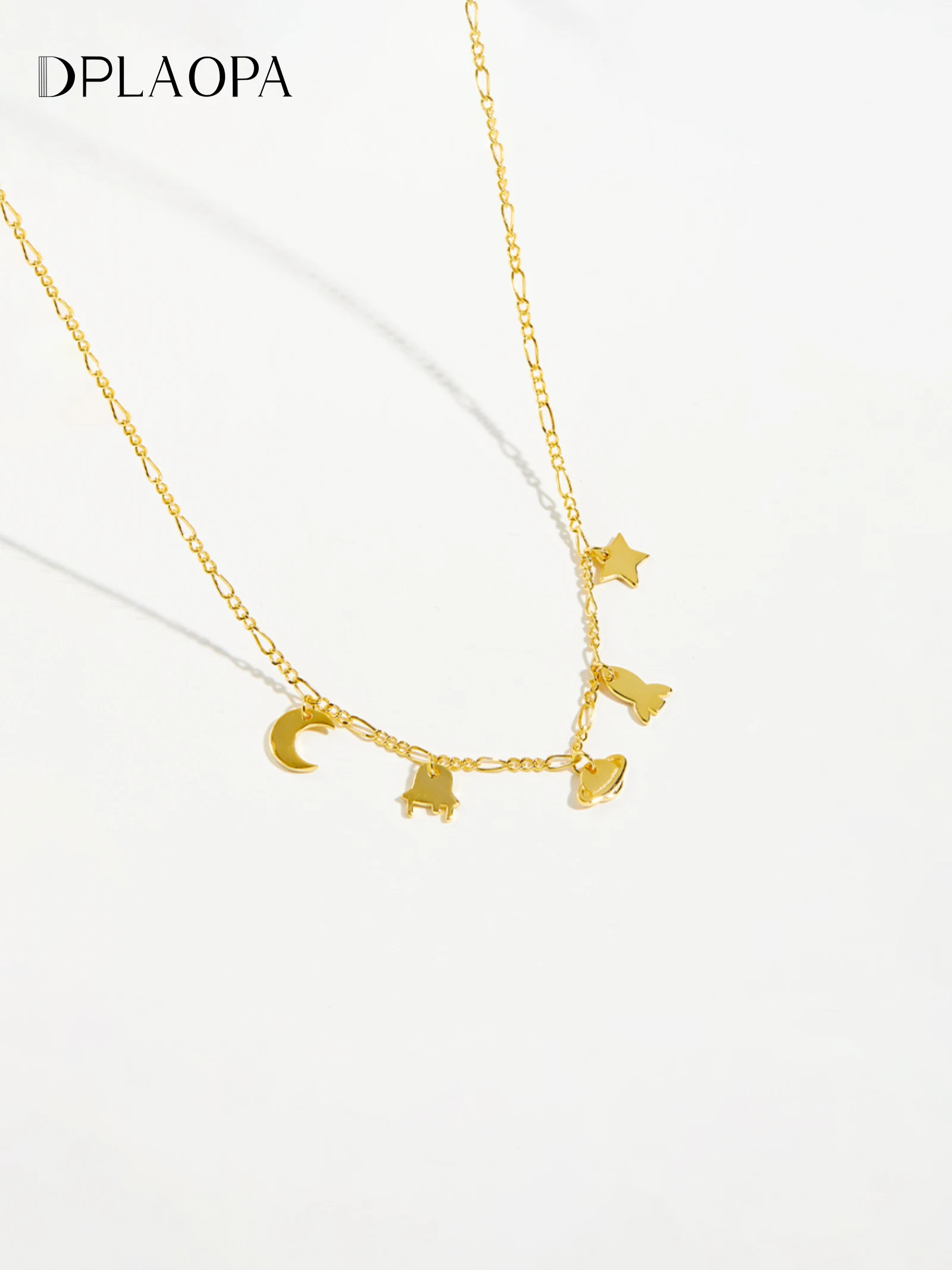 DPLAOPA 925 Sterling Silver Gold Plated Space Moon Star Necklace Charm Long Chain Special Luxury Jewelry Wedding Crystal Jewels
