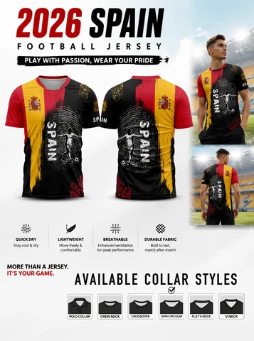 Spain men's soccer jersey, fingerprint‑coat of‑arms print, quick‑dry & breathable, lightweight, multiple collar styles