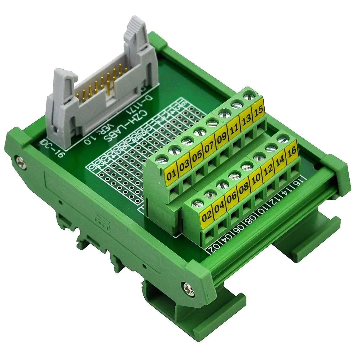 

CZH-LABS DIN Rail Mount IDC-16 Male Header Connector Breakout Board Interface Module, IDC Pitch 0.1", Terminal Block Pitch 0.2"