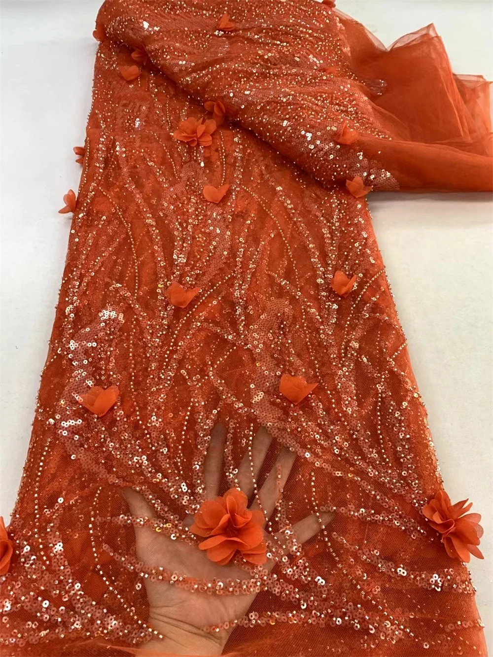 

Orange 3D Beads Lace Fabric High Quality Mesh Embroidery Applique 3D Flower Tulle Nigerian Lace Fabrics For Bridal 5Yards A239-2