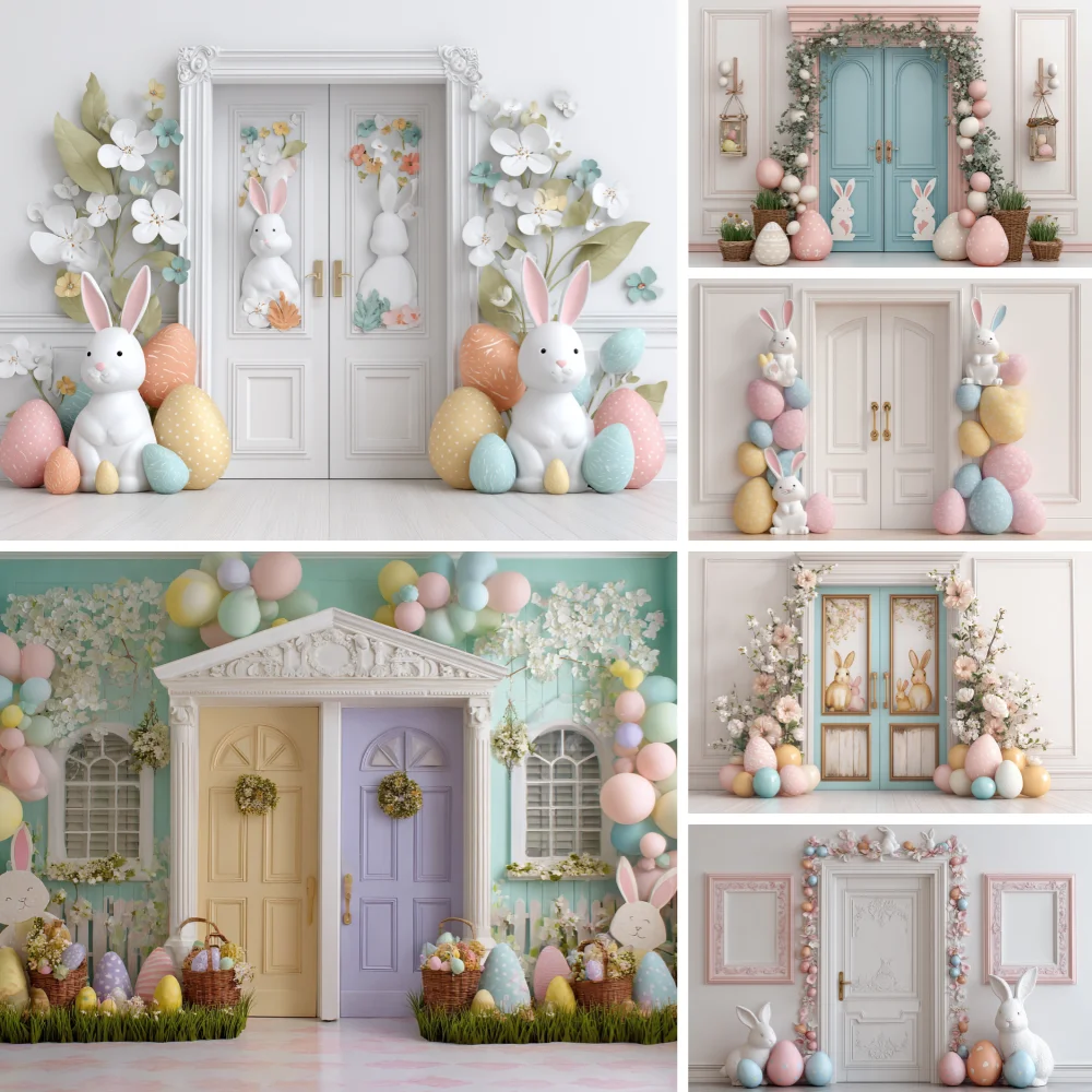

Spring Easter Photography Background Cute Bunny Egg Arch Door Kid Birthday Party Cake Smash Portrait Decor Backdrop Photo Studio