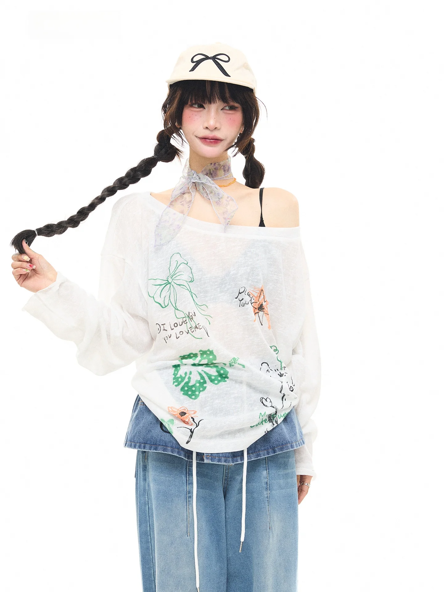 

Футболка с длинным рукавом ASTRSK с принтом милых собачек, тонкая, свободная, расслабляющая, из микро-прозрачной ткани, в корейском стиле, для девочек