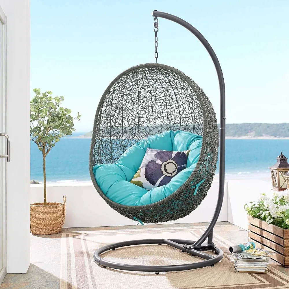 Hide Wicker Rattan Outdoor Patio Porch Lounge Egg Swing Chair Set, With Stand, Gray Turquoise