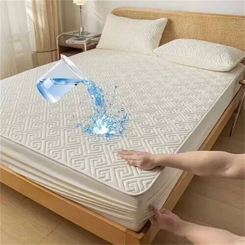 Soft and Thicken 100% Waterproof Mattress Protector Cotton Quilted Mattress Cover Breathable Noiseless Non-Slip Fitted Sheet