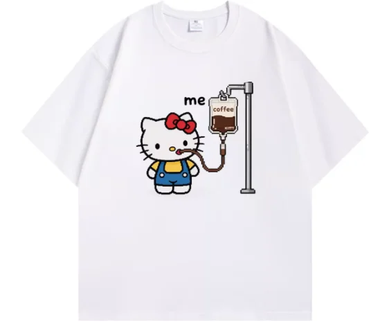 Miniso 2026 ハローキティ コーヒー プリント カップル Tシャツ カジュアル ルーズ ラウンドネック 半袖 ファッショナブル ストリートウェア 衣類 トップ