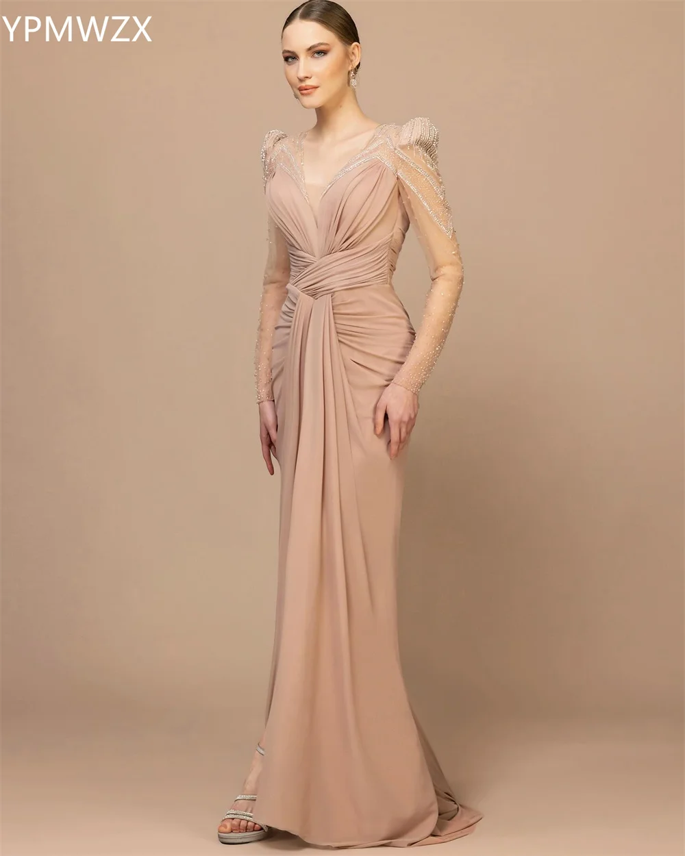 Customized Evening Dress Party Occasion Formal  Women YPMWZX V-neck Mermaid Floor Length Skirts Draped Knot Bead Bespoke Oc