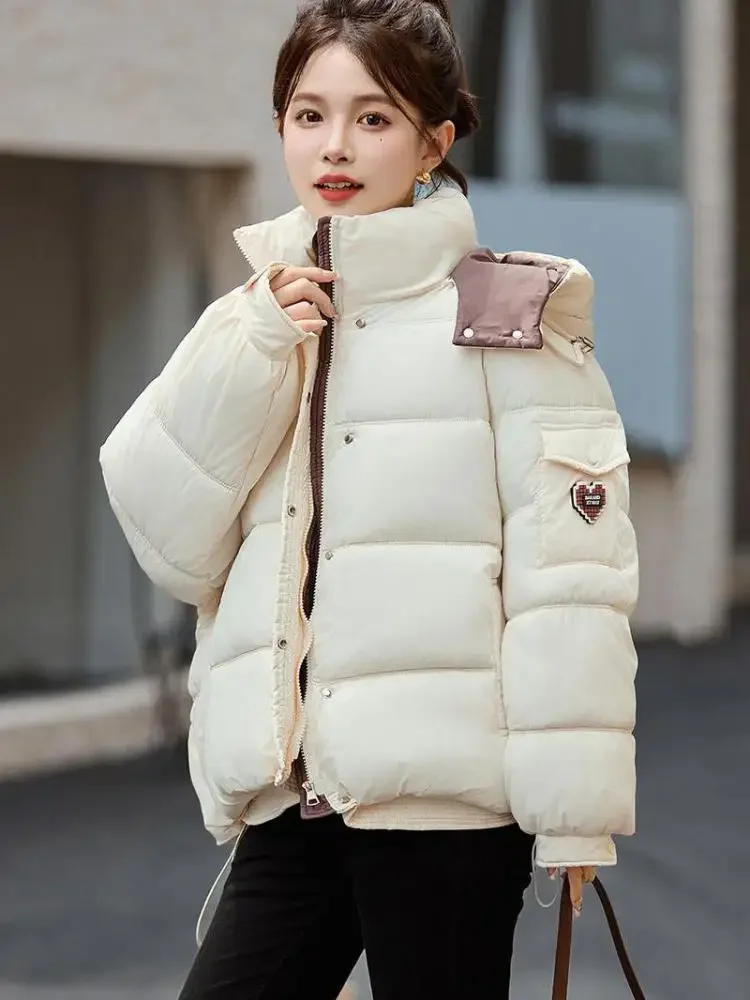 Women's Cotton-padded Jacket Version Woman Neck Korean Clothing Hooded Loose Fitting Warm Standing Neck Short Winter Coat