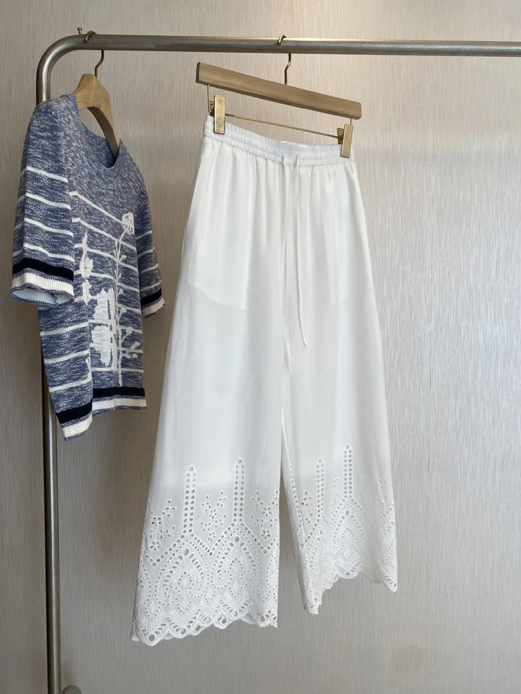 

Summer women's casual solid color high waist hollow embroidery loose wide leg pants