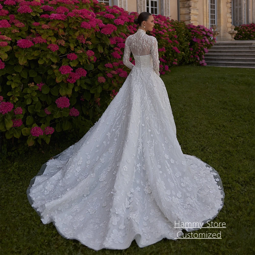 Customized Luxury Wedding Dress High Neck Long Sleeves Exquisite Lace Applique Flowers Court Train A Line Bride Bridal Gown
