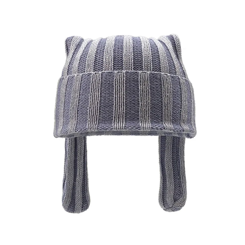 

Cute Rabbit Ear Knitted Hat for Women Vintage Washed Autumn Winter Warm Woolen Trendy Cap Sweet Style