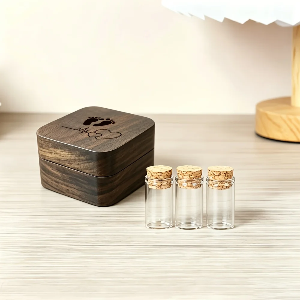 Wooden Hospital Tags Storage Box Set 2D Flat Footprint ECG Pattern Design Umbilical Cord Tooth Preservation Fetal Hair Souvenir