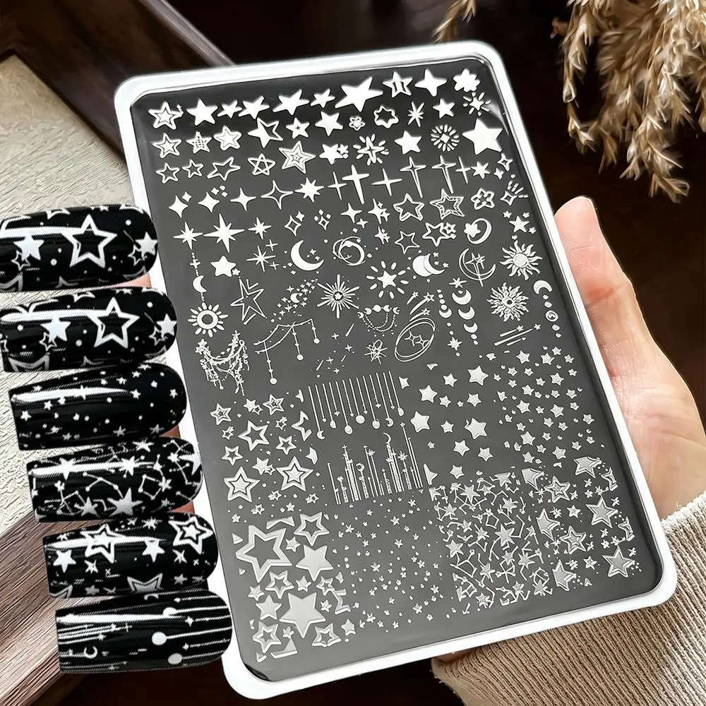 Plancha de estampado de uñas con diseño de estrellas, luna y sol, 14,5 x 9,5 cm, plantilla de acero inoxidable con motivos celestiales, plantillas estampadas con diseño de estrellas estilo Y2K.