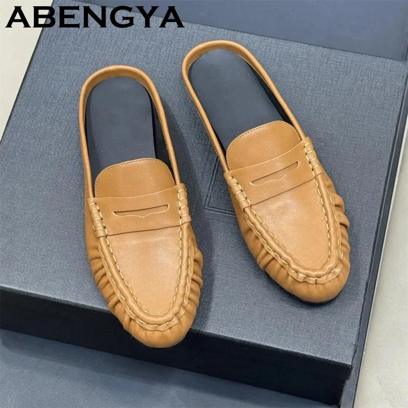 Round Wrap Toe Flat Slippers For Women Genuine Leather Half Slippers Slip On Lazy Mules Summer Casual Beach Slides Shoes Mujer