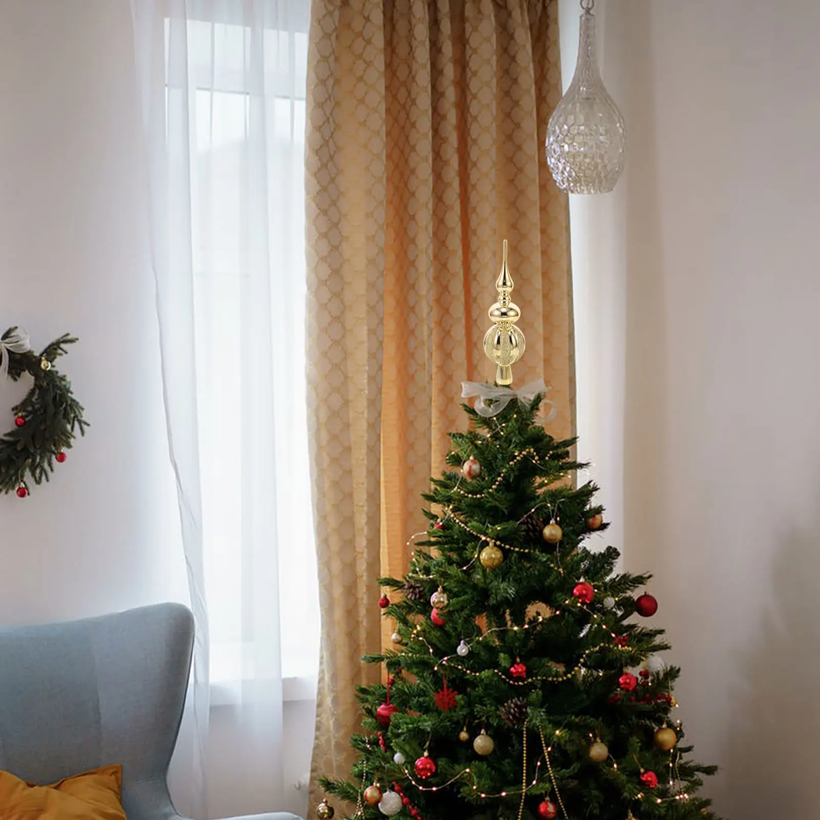 

Golden Spherical Christmas Tree Topper Star Decoration Plastic Xmas Treetop Ornament Festive Party Supplies Holiday