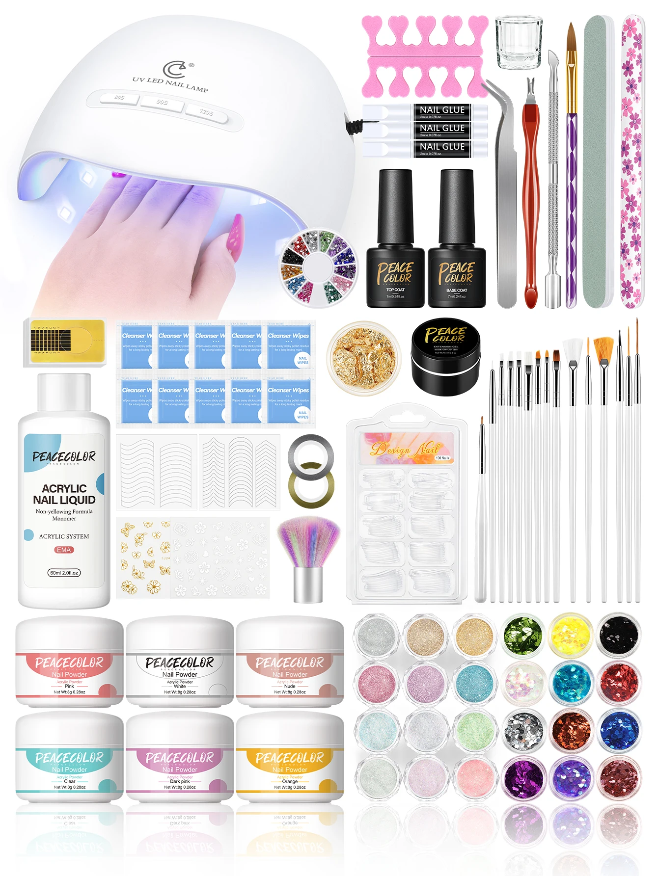 

PEACECOLOR Acrylic Nail Kit-Clear Pink White Powder & EMA Liquid Monomer, UV Nail Lamp, Crystal Nails Extension for DIY Salon