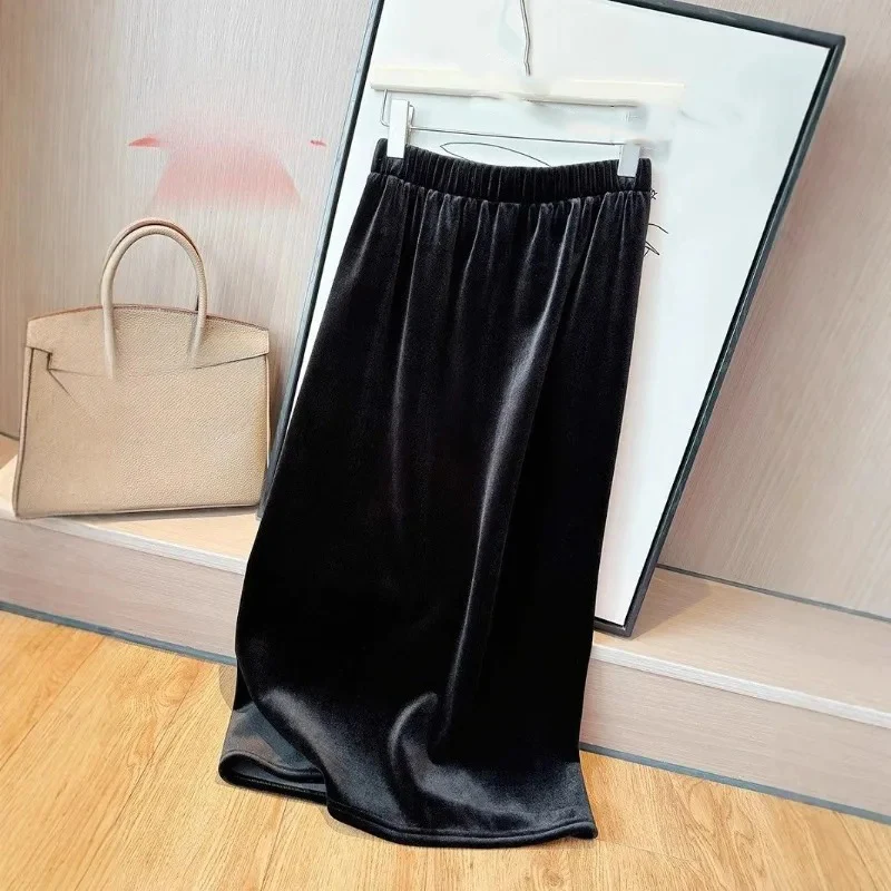 Faldas de terciopelo negro para Mujer, Falda larga lisa de cintura elástica para Otoño e Invierno, Faldas elegantes Retro de moda coreana para Mujer